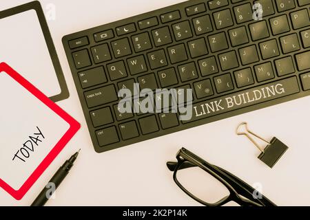 Text caption presenting Link Building. Business overview SEO Term Exchange Links Acquire Hyperlinks Indexed Computer Keyboard And Symbol.Information Medium For Communication. Stock Photo