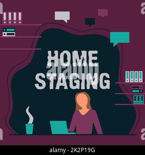 Sign displaying Home Staging. Internet Concept Act of preparing a private residence for sale in the market Woman Sitting On Desk Working And Presenting New Technologies. Stock Photo