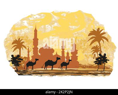 Camel trip with mosque background Stock Photo