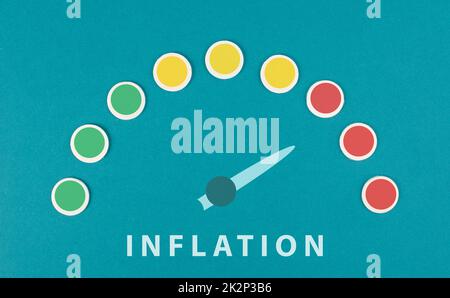 Inflation, financial crash, pointer of the speedometer indicates to the red part, economy development and increasing prices, high living costs Stock Photo