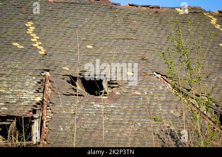 An example of roof damage. A roof that is subject to decay. Stock Photo