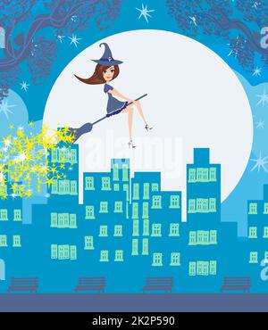 Witch flying over the city Stock Photo