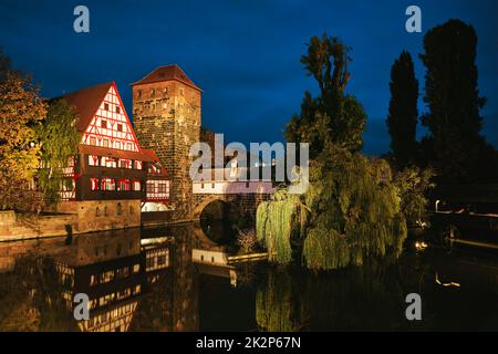 Nuremberg city houses on riverside of Pegnitz river. Nuremberg, Franconia, Bavaria, Germany Stock Photo