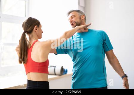 Fight Sparring Fitness Training In Gym. Female Power Stock Photo