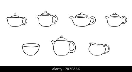 Clay teapots doodle illustrations. Chinese tea pots set Stock Photo