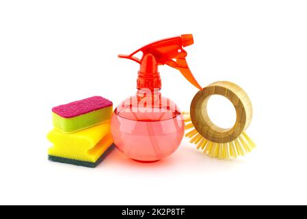 Cleaning supplies on white background Stock Photo