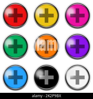 Plus sign button icon set isolated on white with clipping path 3d illustration Stock Photo