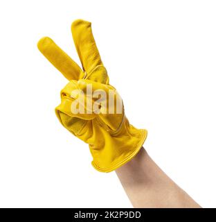 Male hand wearing yellow leather glove on white background Stock Photo