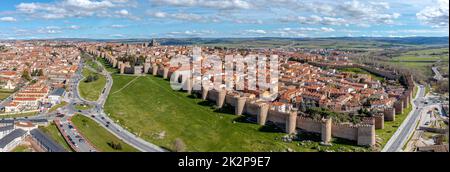 view of historical medieval fortress city town stone wall in Avila Castile and Leon in Spain Stock Photo