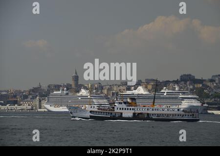 Galataport, Cruise ships, Ferry, Bosphorus and sky. Istanbul Turkey. Stock Photo