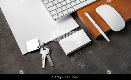 Stationery, keys, gadgets Stock Photo