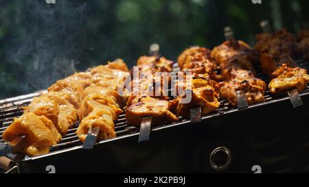 Shashlik - traditional Georgian barbecue. Closeup of raw roasted marinated meat barbecue shish kebab shashlik on steel metal skewers lying grill fire brazier with charcoal.  Making barbecue Stock Photo