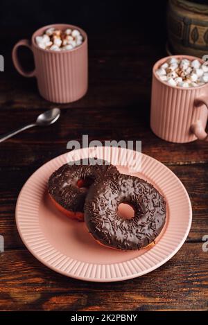 Chocolate Donuts and Hot Chocolate with Marshmallow Stock Photo