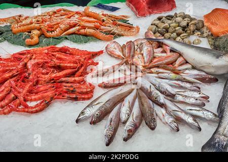 Fish, crustaceans and seafood for sale at a market in Barcelona Stock Photo