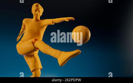 Yellow soccer football player kicking a ball in an action pose. 3D Rendering Stock Photo