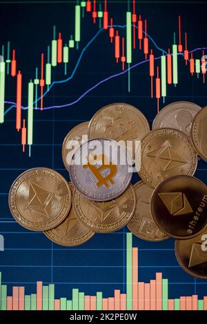 Various Cryptocurrency coins with candle stick graph chart and digital ...