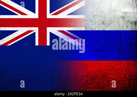 National flag of Russian Federation with National flag of New Zealand. Grunge background Stock Photo