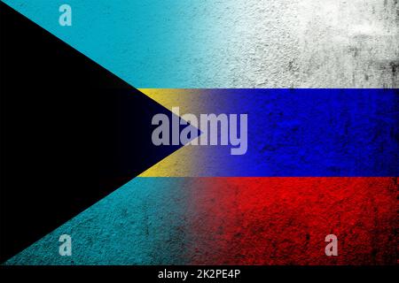 National flag of Russian Federation with The Commonwealth of The Bahamas national flag. Grunge background Stock Photo