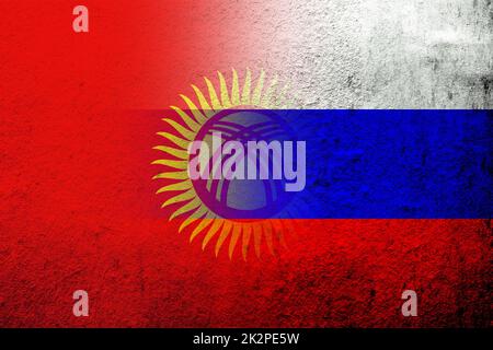 National flag of Russian Federation with The Kyrgyz Republic Kyrgyzstan National flag. Grunge background Stock Photo