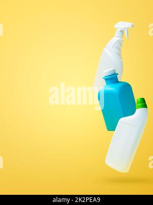 Bucket with dust wiper, sponges, chemicals bottles and mopping stick on the  floor in the apartment. Cleaning service concept Stock Photo - Alamy