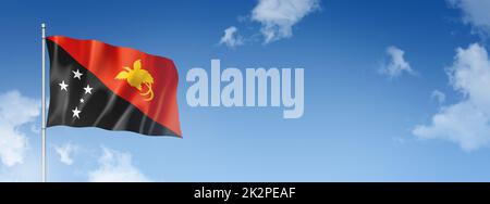 Papua New Guinea flag isolated on a blue sky. Horizontal banner Stock Photo