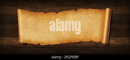 Old paper horizontal banner. Parchment scroll on a wood board Stock Photo