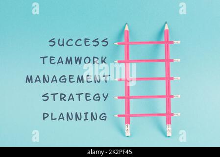 Ladder of success build with pencils, planning a strategy, teamwork for success step by step concept, progress in business and education, have a goal Stock Photo