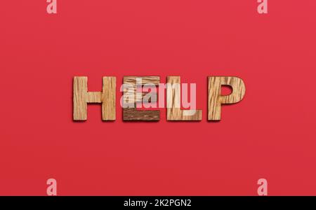 Help, word written in wooden alphabet letters on red background. Support and assistance to people Stock Photo