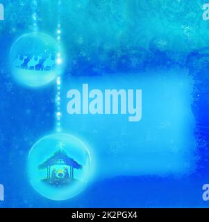 Christian Christmas nativity scene of baby Jesus in transparent ball hanging on abstract background Stock Photo