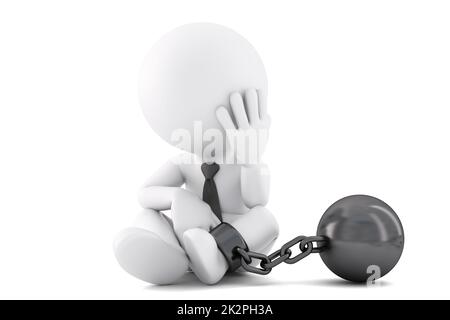 Exhausted businessman tied with shackled. 3D illustration. Isolated Stock Photo