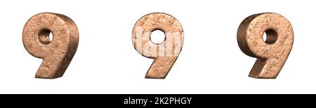 Number 9 (Nine) from Copper numbers collection set. Isolated. 3D Rendering Stock Photo