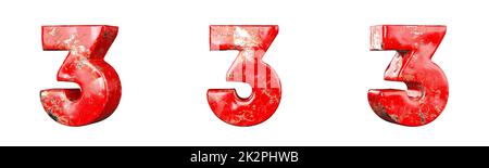 Number 3 (Three) from Red scratched metallic numbers collection set. Isolated. 3D Rendering Stock Photo