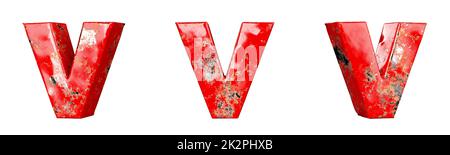 Letter V from Red scratched metallic letters alphabet collection set. Isolated. 3D Rendering Stock Photo