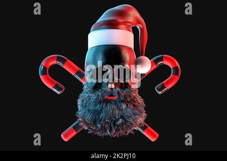 Skull of Santa Claus with candy cones. 3D Rendering Stock Photo