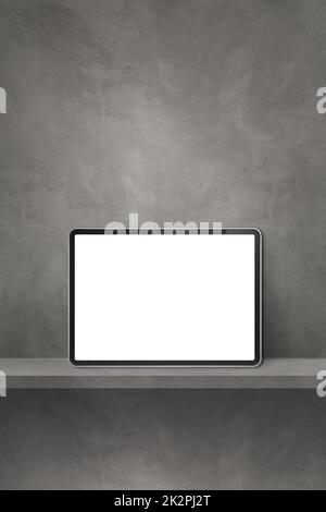 Digital tablet pc on grey wall shelf. Vertical background banner Stock Photo