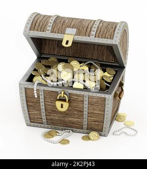 3D Treasure Chest With Many Golden Coins Inside It And Scattered Around It,  And A 3D Character Cheering. Isolated On White Background. Stock Photo,  Picture and Royalty Free Image. Image 49826861.