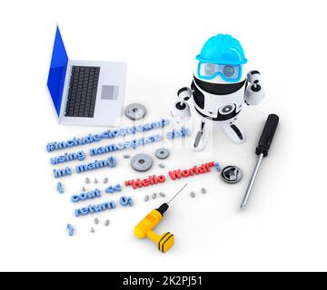 Robot with tools and program source code. Technology concept. Isolated. Contains clipping path Stock Photo