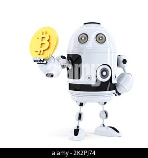 Robot holding Bitcoin. Isolated. Contains clipping path Stock Photo
