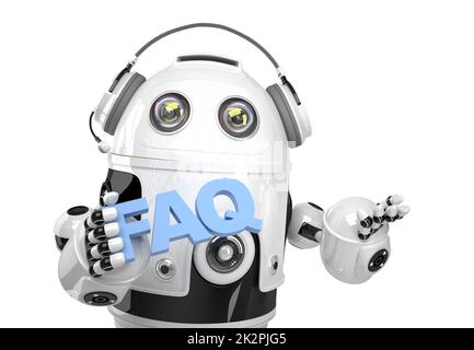 Robot holding FAQs sign. Isolated. Contains clipping path Stock Photo