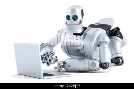 Robot laying on floor with laptop. Isolated. Contains clipping path