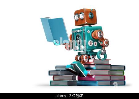 Retro robot reading a book. Isolated. Contains clipping path Stock Photo