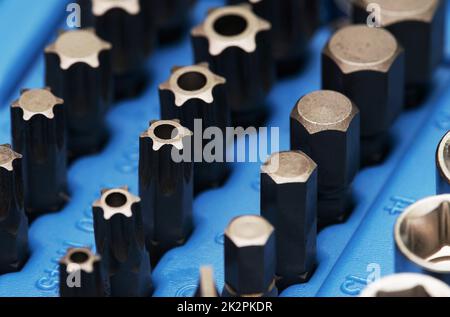 New socket wrench set in a blue tool box Stock Photo