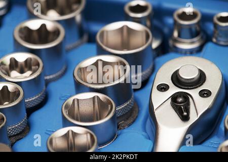 New socket wrench set in a blue tool box Stock Photo