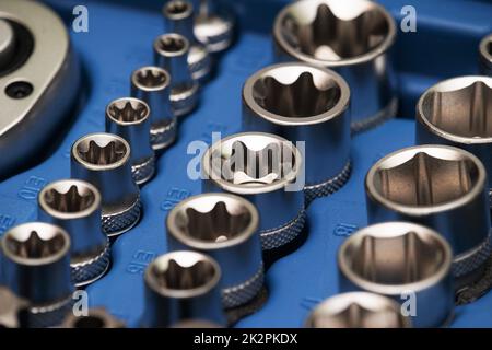 New socket wrench set in a blue tool box Stock Photo