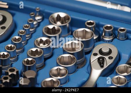 New socket wrench set in a blue tool box Stock Photo