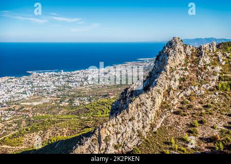 View of Kyrenia town from St Hilarion Castle. Kyrenia District, Cyprus Stock Photo