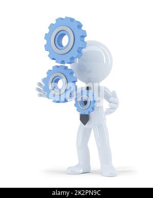 3d businessman holding metal gears. Business concept. Isolated. Contains clipping path Stock Photo