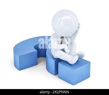 Business man sitting on a question mark. Business concept. Isolated. Contains clipping path Stock Photo