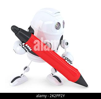 Robot writing with red pen. Isolated. Contains clipping path Stock Photo