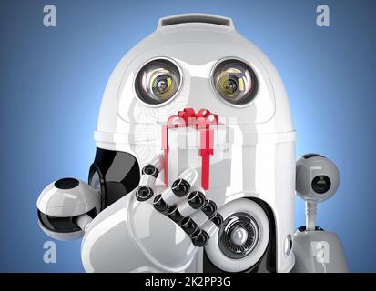 Robot with tiny gift box. Isolated on white. Contains clipping path Stock Photo
